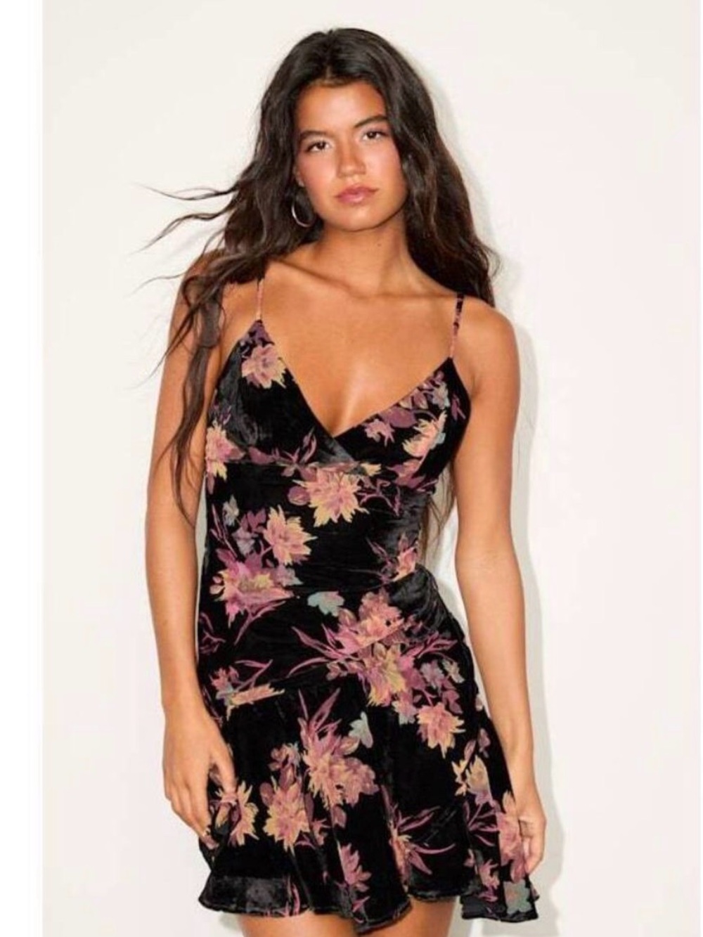 Lulu's Devi Black Velvet Mini Dress with Pink and Yellow Floral Print